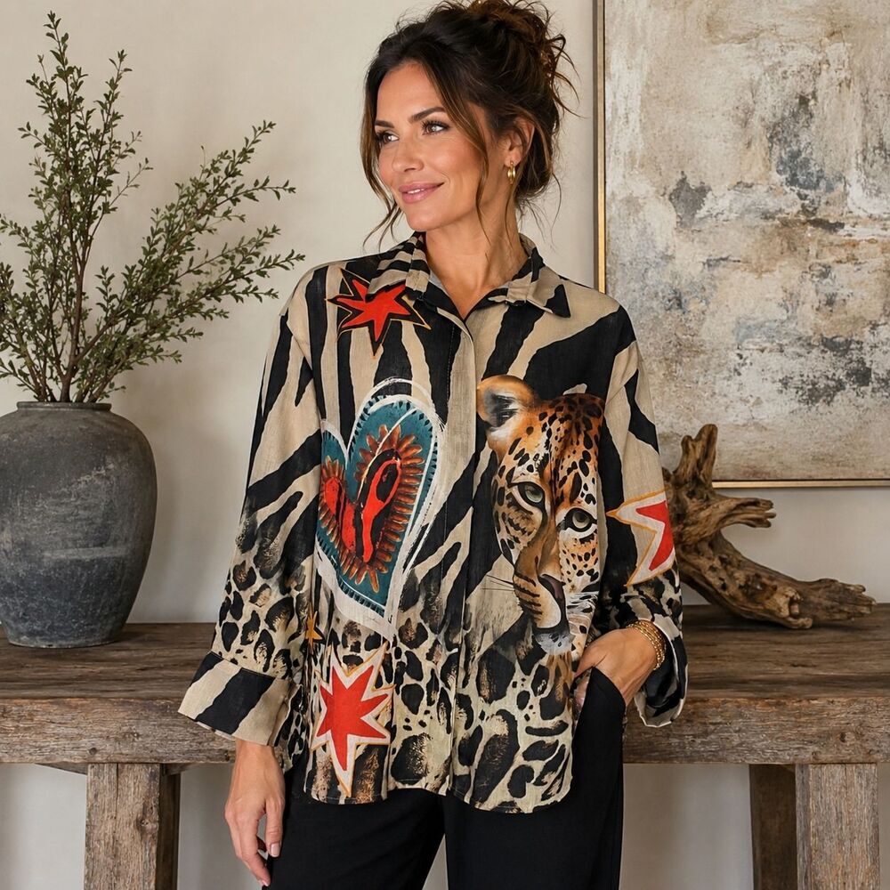 Yolly Italy Power Prowl Linen Blend Leopard Zebra Artwear Top One Size NWT